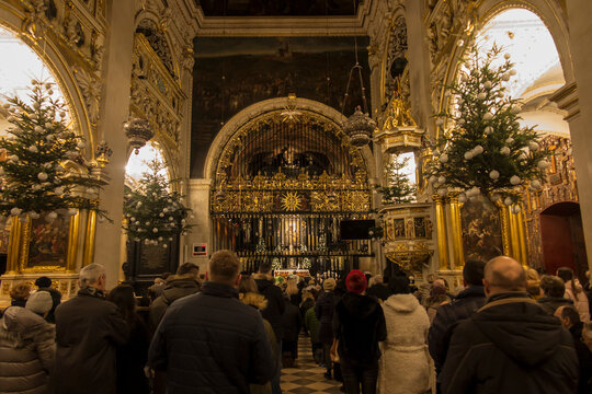  Czestochowa, Poland, January 1, 2020: Chapel of the Blessed Virgin Mary at Jasna Góra in Czestochowa  decorated with Christmas trees and lights during Christmas.