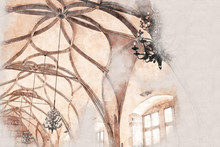 Abstract Architecture Sketch Style Image Of Old Details Over Antique Ceiling With Vintage Chandelier