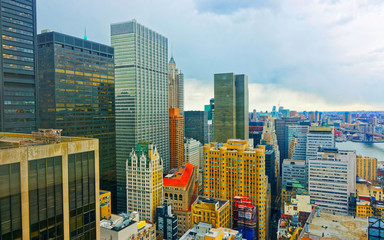 Wall Mural - Aerial panoramic view on Lower Manhattan skyscrapers in New York, USA. Skyline. American architecture building exteriors. Panorama of Metropolis center NYC. Metropolitan cityscape.