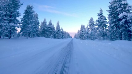 Wall Mural - Onboard camera view of driving on icy road in through winter landscape in Finnish Lapland