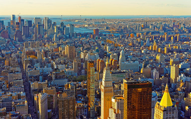 Wall Mural - Aerial panoramic view on Skyline with Skyscrapers in Downtown and Lower Manhattan, New York City, America. USA. American architecture building. Panorama of Metropolis NYC. Metropolitan Cityscape