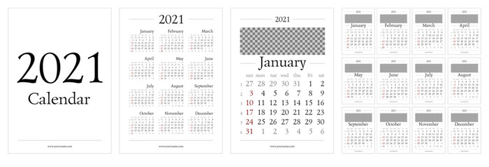 Wall Mural - Classic gregorian calendar for 2021 year. A4 page 210x297mm. Week start sunday, elegant grid with Roman type, english language. Editable vector template for web and print design.