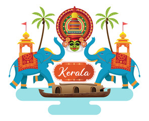 Canvas Print - indian kerala design, houseboat with kathakali face and decorated elephant vector