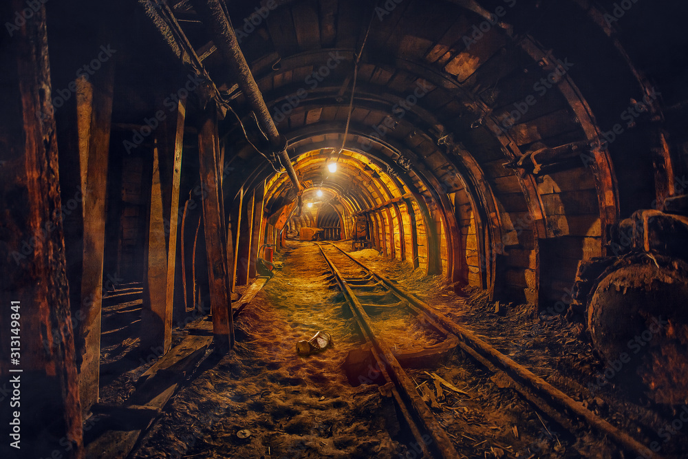Underground mining tunnel with rails - obrazy, fototapety, plakaty 