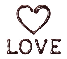 Inscription Love And Heart Made Of Chocolate Isolated On White Background