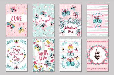 Set of Valentine's day greeting cards and posters with hand drawn butterflies and decorative textured brush strokes on background. Happy Valentine's day, vector illustration scandinavian style