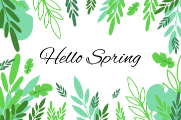  Vector banner with the inscription Hello Spring. Can be used for flyers, banners or posters. Vector illustration with different green leaves on blue background with white doodle