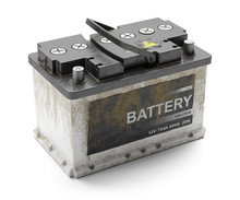 Dead Car Rusty Battery. Recycling.