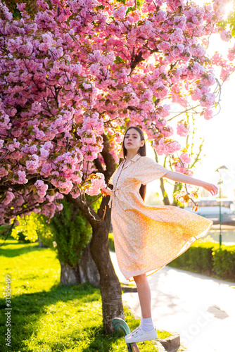 Fotomural Beautiful young stylish woman walking in sakura park and enjoy beauty of pink flowers