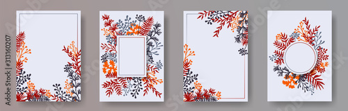 Hand drawn herb twigs, tree branches, flowers floral invitation cards templat...