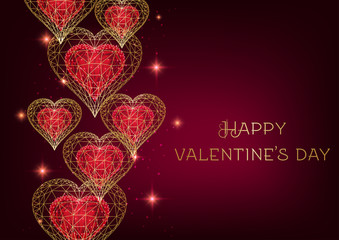 Wall Mural - Valentines Day banner with shiny low polygonal golden and red hearts, stars on burgundy background.