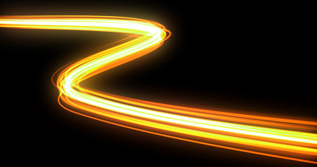 Aufkleber - Light wave with trail path, orange neon glowing flash trace. Car lights trace effect, optic fiber glow and magic bright light in motion curve on black background