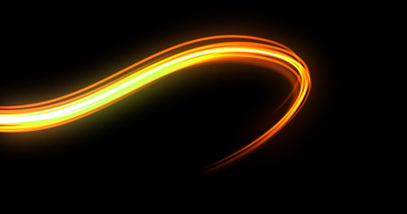 Aufkleber - Light wave trail path, orange yellow neon glowing flash spin trace. Car lights glow effect, optic fiber and magic bright light flare in motion curve swirl on black background