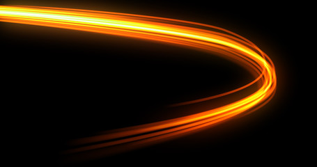 Wall Mural - Light wave trail path, orange yellow neon glowing flash curve with spin trace. Optic fiber glow effect and magic bright fire light flare in motion swirl on black background