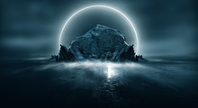 Futuristic Night Landscape With Abstract Landscape And Island, Moonlight, Shine. Dark Natural Scene With Reflection Of Light In The Water, Neon Blue Light. Dark Neon Circle Background.