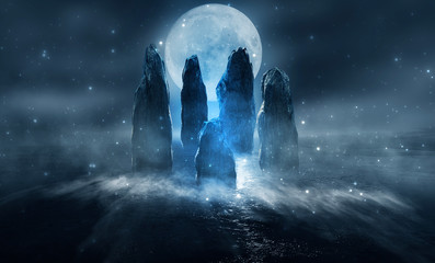 Wall Mural - futuristic night landscape with abstract island. large magic stones, moonlight, sparkle. dark natura