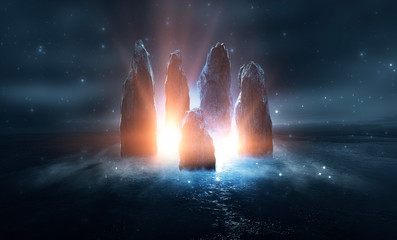 futuristic night landscape with abstract island. large magic stones, moonlight, sparkle. dark natura