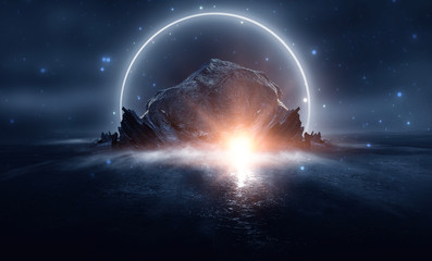 futuristic night landscape with abstract landscape and island, moonlight, shine. dark natural scene 