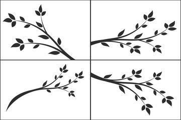 set of silhouette of a branch with leaves. young tree.