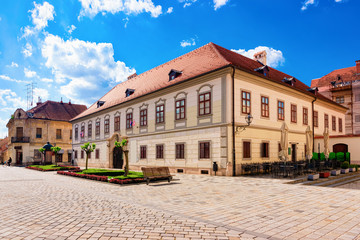 Wall Mural - Street with Herzer palace with flags in Old city of Varazdin in Croatia. Panorama and Cityscape of famous Croatian town in Europe in summer. Travel and tourism for tourists.