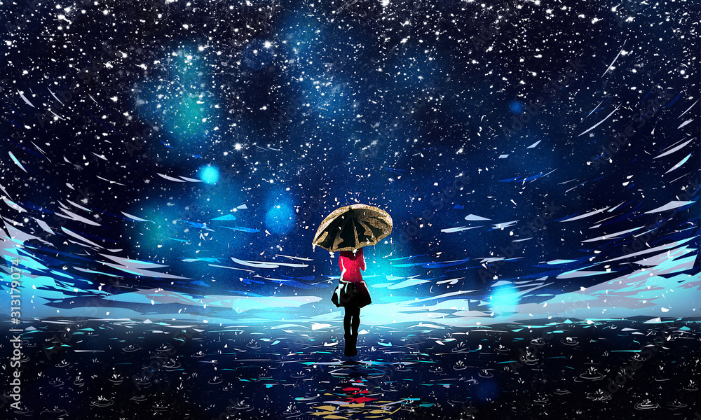 Beautiful Night Sky with Falling Rain and Umbrella Girl Illustration - obrazy, fototapety, plakaty 