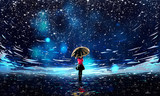 Fototapeta  - Beautiful Night Sky with Falling Rain and Umbrella Girl Illustration