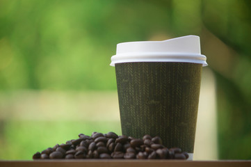 Paper cup take away coffee on a wooden bench in the park