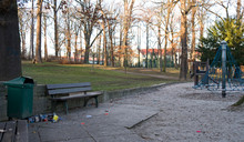 Altenburg / Germany - January 2020: Fireworks Packaging Waste On The Edge Of A Public Children’s Playground On New Year's Afternoon