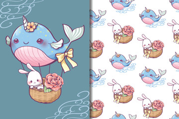 Seamless pattern and wallpaper template cute rabbit and roses in a balloon whale set,  kawaii character cartoon design, gift wrapping pattern, screen wallpaper, cards and postcard.