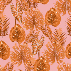 Sweet retro creative tropical seamless pattern on pink background. Botanical leaves design for fashion ,fabric, wallpaper,wrapping ,textile print, and all prints.