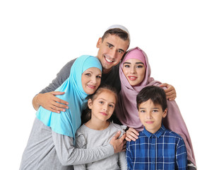 Wall Mural - Portrait of Muslim family on white background