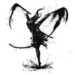 © warmtail - Silhouette of a graceful warrior girl with pair of blades beautiful long hair jumping on one leg and making a double cut leaving a trace of ink blots and splashes.