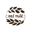 Oat milk silhouette logo. Cartoon sprigs of oats with lettering. Hand drawn vector concept. Black and white illustration for print, poster and packaging design. Isolated image