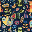 Children seamless pattern on dark background. Kids illustration with cute wild animals, tropical fantastic plants, flowers and colorful shapes. Ethnic pattern and mosaic. Hand drawn vector pictures.
