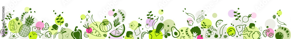 healthy & colourful food banner 2 – bottom border - vector illustration - obrazy, fototapety, plakaty 
