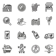 Farm and Agriculture line icon set with white background. Farmers, Plantation, Gardening, Animals, Objects, Harvester trucks, Tractors.