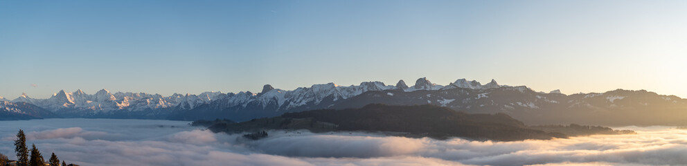 Wall Mural - swiss mountain range in switzerland while the valley is covered in fog during sunset, super warm lig