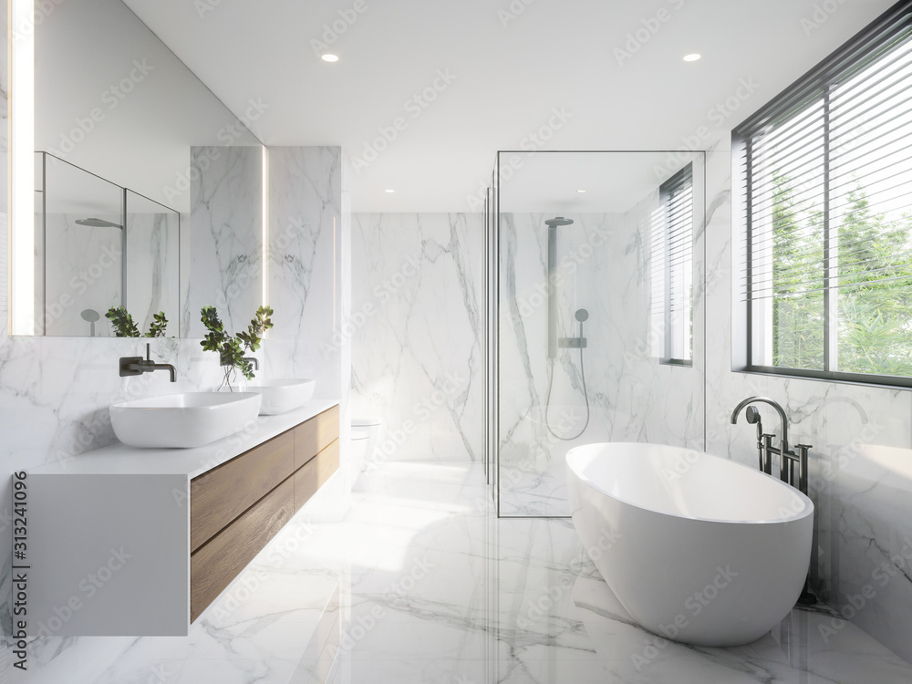 modern wite bathroom with white marble anf bthtub - obrazy, fototapety, plakaty 