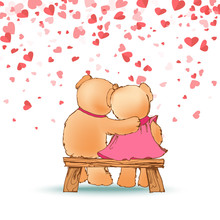 Hugging Teddy Bears Sitting On Wooden Bench On Background Of Red Hearts. Happy Toy Animals Couple Back View, Romantic Cartoon Valentines Day Card