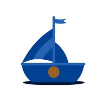 A Small Boat Floats On The Water. Colorful Illustration. Ship On Ocean Concept Vector