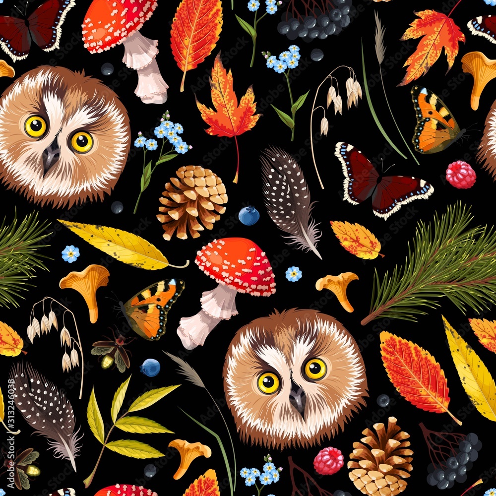 Forest seamless pattern with owl and leaves 素材庫向量圖 | Adobe Stock