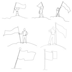 vector, isolated, drawing a continuous line a man with a flag, set