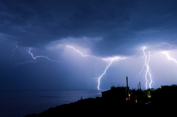 Powerful thunderstorm over a small town