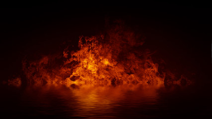 Wall Mural - blaze fire flame texture overlays on isolated background with water reflection.