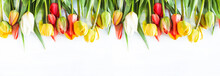 Beautiful Celebration Background. Bunch Of Multicolored Tulips With Waterdrops On A White Background. Copy Space, Flat Lay