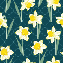 Seamless Pattern Of Daffodil Flowers On Green Quatrefoil Background