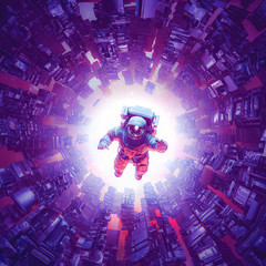 Wall Mural - space time singularity / 3d illustration of astronaut floating inside abstract alien machine
