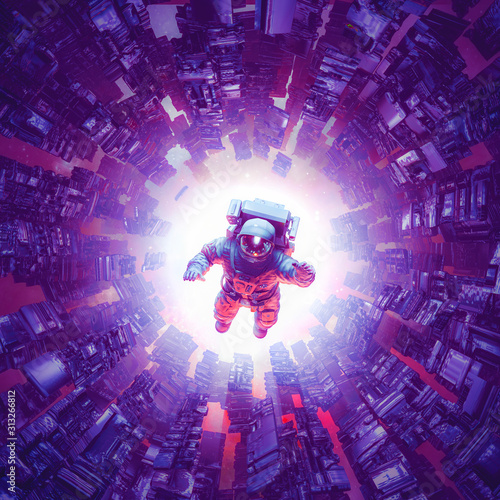 Fotografie, Obraz Space time singularity / 3D illustration of astronaut floating inside abstract a