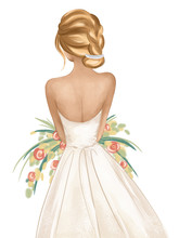 Hand Drawn Beautiful Bride With Flowers. Stylish Pretty Bride Model. Fashion Sketch
