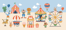 Amusement Park Or Carnival With Cute Animals Design.